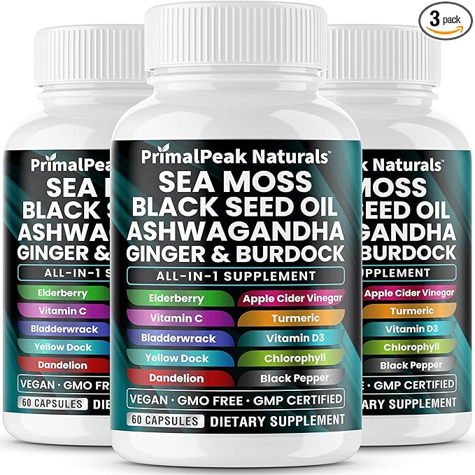 Sea Moss Black Seed Oil Ashwagandha Ginger Burdock Bladderwrack Turmeric &amp Vitamin C Vitamin D3 with ACV Elderberry Chlorophyll Dandelion Yellow Dock Vegan Capsules - 180 Count