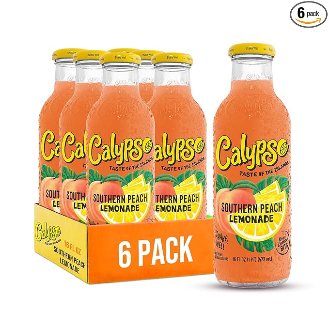Calypso Lemonade Southern Peach Lemonade Made with Real Fruit 16 Fl Oz Glass Bottles (Pack of 6)