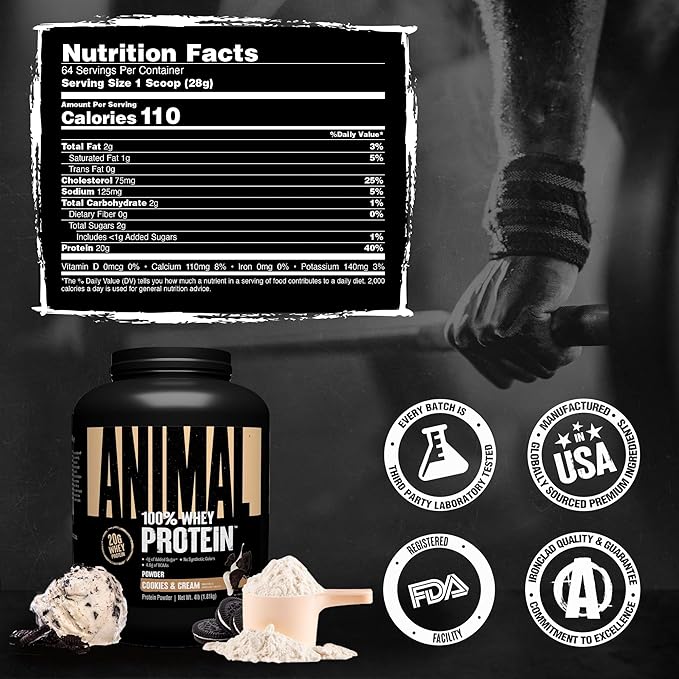 Animal 100% Whey Protein Powder – Whey Blend for Pre Workout or Post Workout Recovery Anytime Low Sugar Protein Boost Meal Replacement with BCAA Branched Chain Amino Acids – Cookies &amp Cream 4 l
