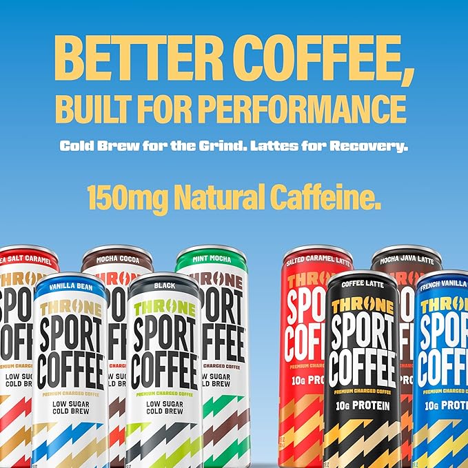 Throne Sport Coffee Cold Brew – Low Sugar. 150mg Natural Caffeine and B Vitamins – Dairy-Free Low Calorie –Premium Arabica NSF Certified Active Lifestyles – Sea Salt Caramel 12 Pack