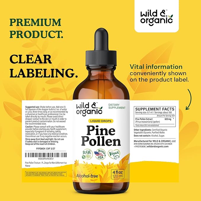 Wild &amp Organic Pine Pollen Tincture - Pine Pollen for Men &amp Women - Add to Tea &amp Drink - Pure Pinus Massoniana Extract Drops - Vegan Sugar &amp Alcohol-Free Liquid Supplement - 4 fl oz