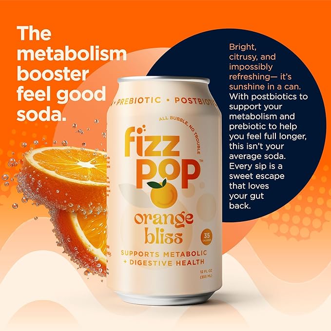 Fizz Pop Metabolic Sparkling Postbiotic and Prebiotic Soda Pop Gut Health Seltzer Water Fiber Drink Metabolism Booster Orange Bliss Flavor 12 oz Cans (Pack of 12)