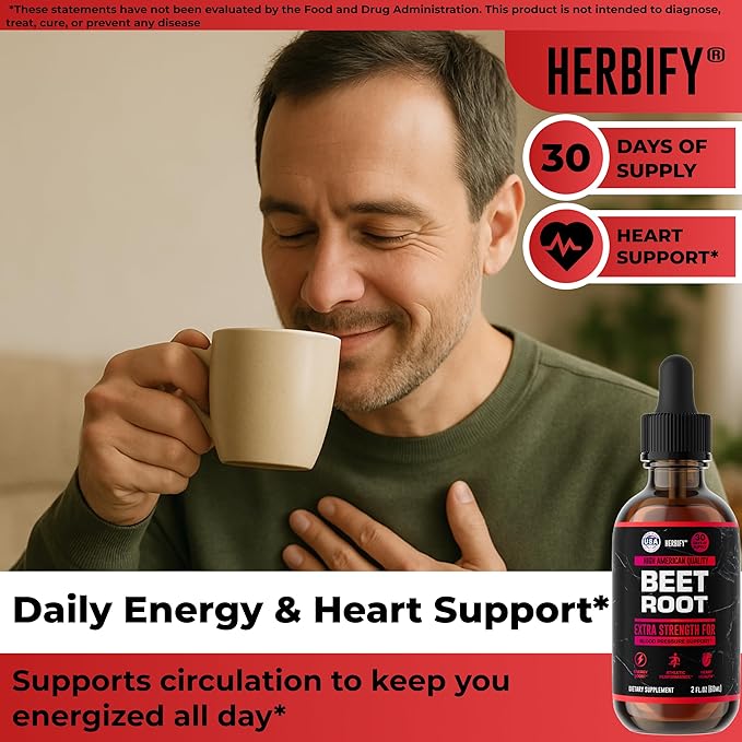 HERBIFY Beet Root Extract - Blood Pressure Supplement &amp Nitric Oxide Booster - Beetroot Supplement for Heart Health and Energy Booster for Men &amp Women (30 Days Supply) Made in USA 2 FL Oz