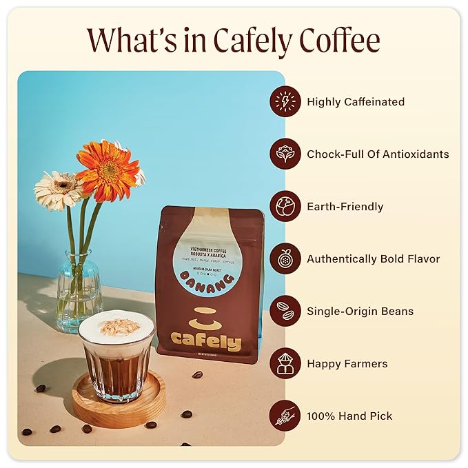 Cafely DaNang - Robusta x Arabica Ground Vietnamese Coffee – Dark Roast Low Acid Fresh Roasted Single Origin Direct Trade High Antioxidants Rich Notes with Hazelnut Maple Syrup Citrus Zest 12