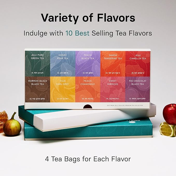 OSULLOC Premium Tea Collection (40 count 10 flavors x 4 ea) Self Care Sampler Gift Box Variety Pack Premium Organic Pure &amp Blended Tea from Jeju