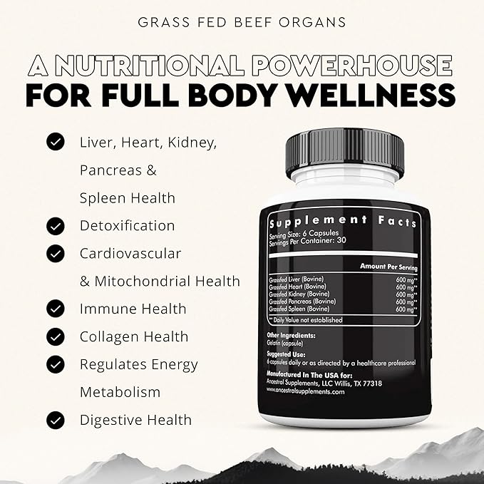 Ancestral Supplements Grass Fed Beef Organ Supplement Supports Whole Body Wellness with Proprietary Blend of Liver Heart Kidney Pancreas Spleen Freeze-Dried Beef Non-GMO 180 Capsules