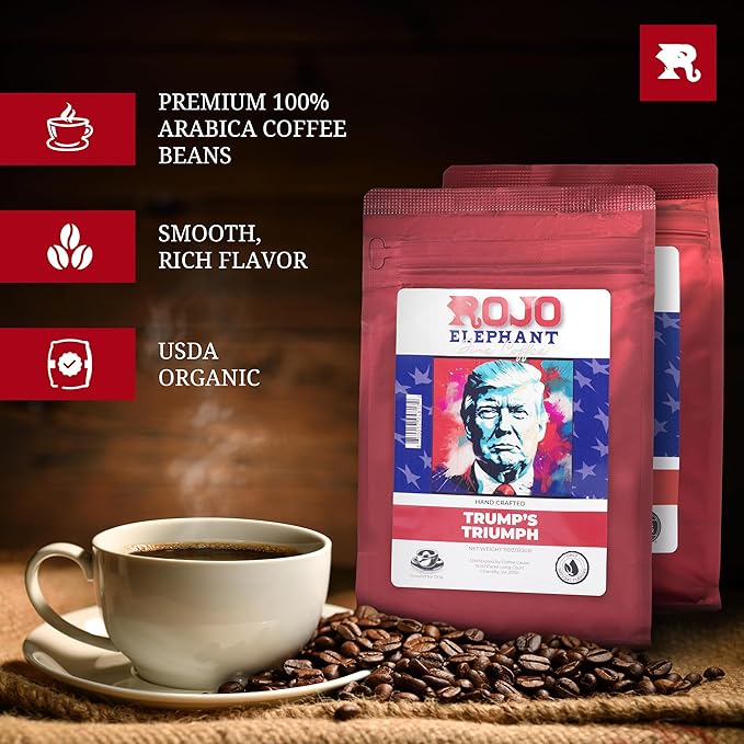 Rojo Elephant Handcrafted Ground Coffee 100% Arabica Beans 11 0z Bags Pack of 2 Trump's Triumph Honest Abe Decaf Excellence Pack
