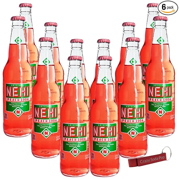 Nehi Peach Soda | Real Cane Sugar | Caffeine Free | Throwback Retro Bottle | 12 oz Glass Bottles with Crazy Soda Pop Bottle Opener (12 Pack)