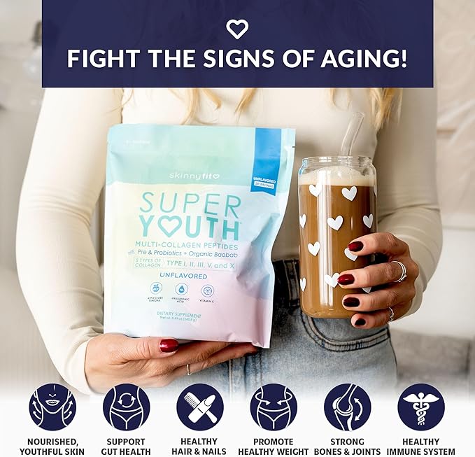 SkinnyFit - Super Youth Collagen for Women - Multi Collagen Peptides Powder - Probiotics Fiber Hyaluronic Acid - Non GMO Gluten Free Sugar Free - Beauty &amp Self Care - Unflavored (28 Servings)