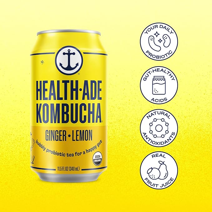 Health-Ade Ginger-Lemon Kombucha Organic Drink 12-Pack (11.5 Fl Oz Cans) - Fermented Tea with Probiotics Detoxifying Acids Supports Gut Health - Non-GMO Vegan Gluten-Free