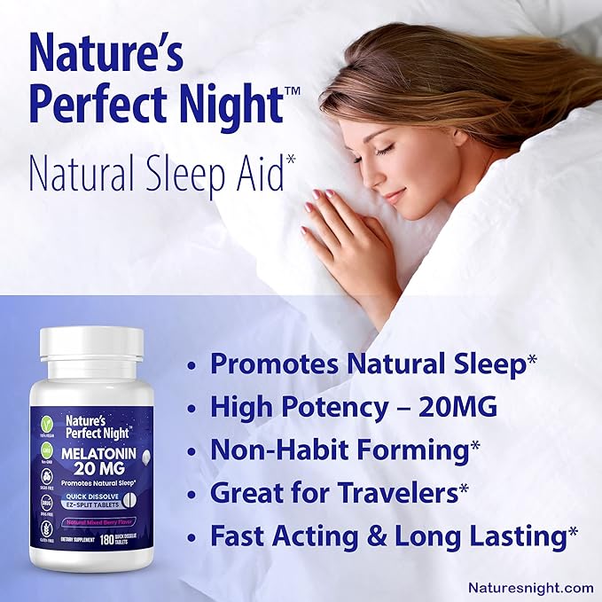 Nature's Perfect Night Bundle | Melatonin 20mg | Kids Melatonin 1mg | 180 Count | 100 Count | Sugar Free | Gluten Free | Non-GMO | Vegan