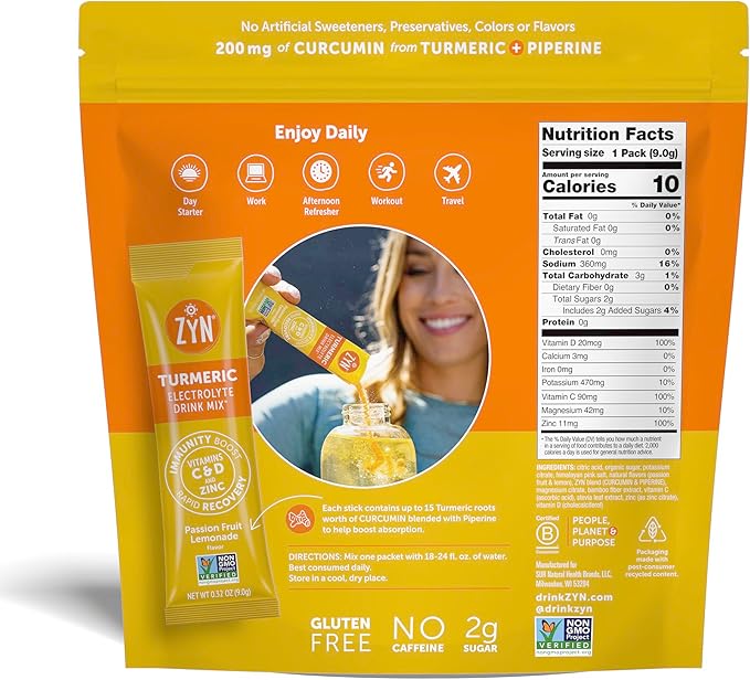 ZYN Electrolytes Powder Hydration Packets with Vitamins Zinc &amp Turmeric Curcumin for Gut Health Immune Support Low Sugar Electrolyte Drink Mix Packets with Piperine Passion Fruit Lemonade 16