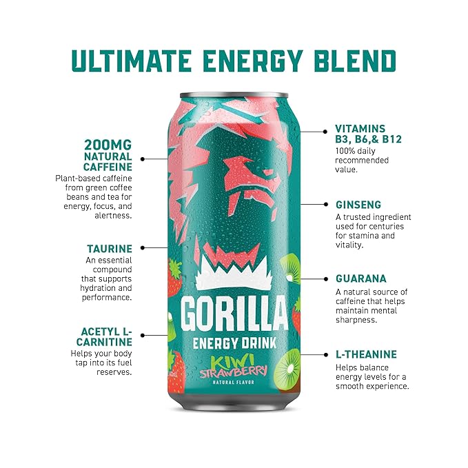 Gorilla Energy Drink Kiwi Strawberry &amp Ultimate 200mg Natural Caffeine Real Fruit Juice Squeezed &amp Concentrated No Added Sugar and No Artificial Colors 24 Cans