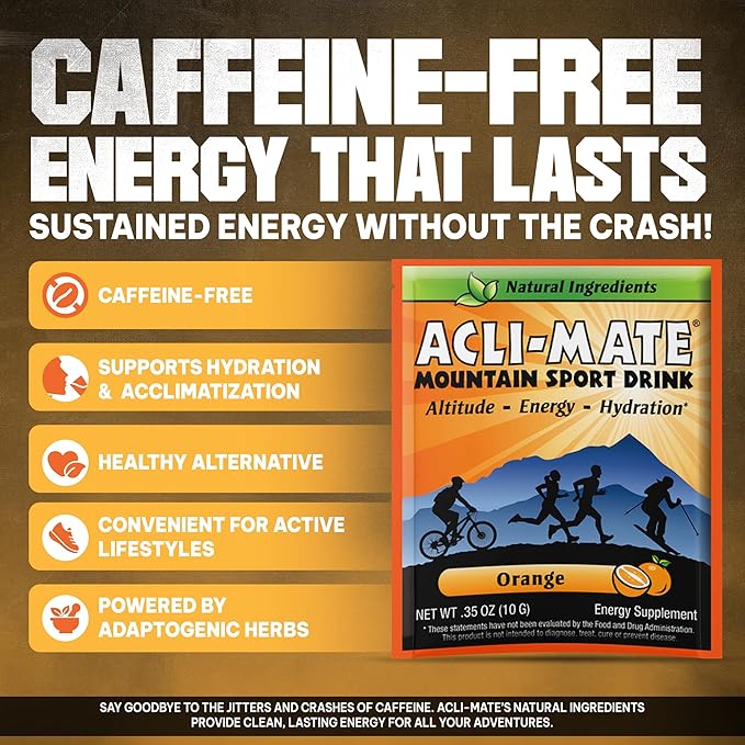 Acli-Mate Mountain Sport Drink Mix - High Altitude Acclimatization Electrolyte Powder Packets - Energy Drink Mix - Recovery Hydration Packet for Running Hiking Cycling Travel &amp More (30 CT Ora