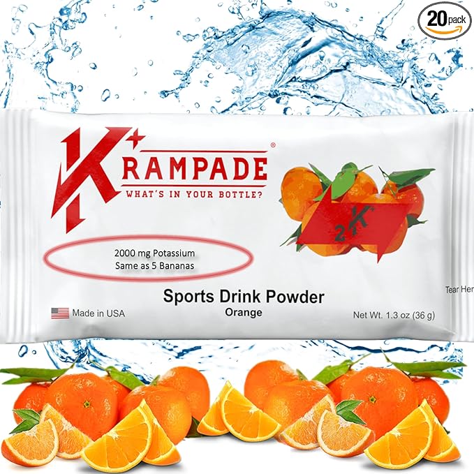 Krampade Original 2K - 2000 mg Potassium Electrolyte Powder Drink Mix | Cramp Relief - Hydration - Increased Performance | Orange - 20 Single Serving Packets