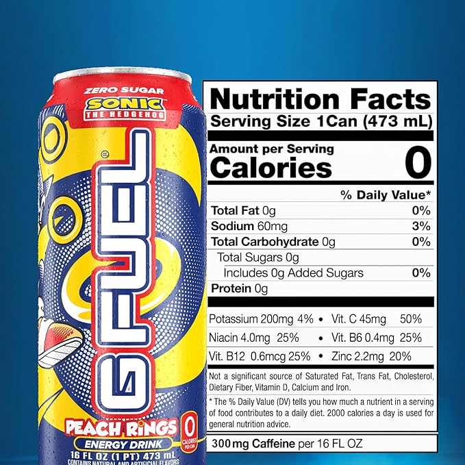 G Fuel Energy Drink Peach Ring Candy Sugar Free Beverage with 300mg Caffeine Daily Energy Boost with Focus Amino Vitamin + Antioxidants 16 oz Cans (Sonic 12-Pack)