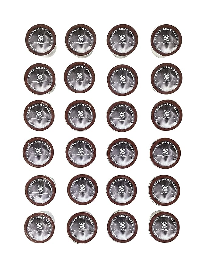 Whiskey Morning Coffee Texian Army Brew Double Smoked Dark Roast Coffee Pods Small Batch Fire Roasted with Pecan Wood &amp Cold Smoked with Cherry Wood 24 Count Bold &amp Strong Single Serve Pods