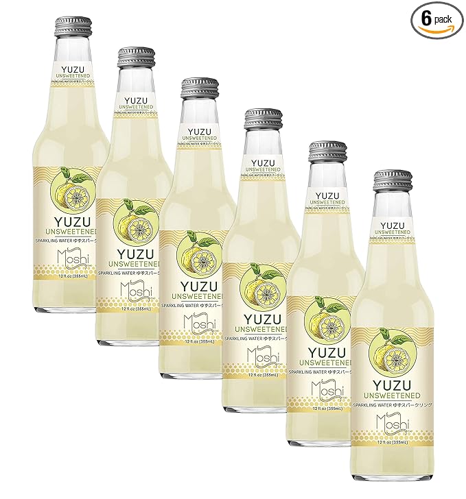 Moshi Yuzu Sparkling Drink Aromatic and Zesty Made with 100% Yuzu juice All-Natural Vegan Gluten-free No Artificial Preservatives/Coloring - 12 oz (6 Glass Bottles) - Unsweetened Original