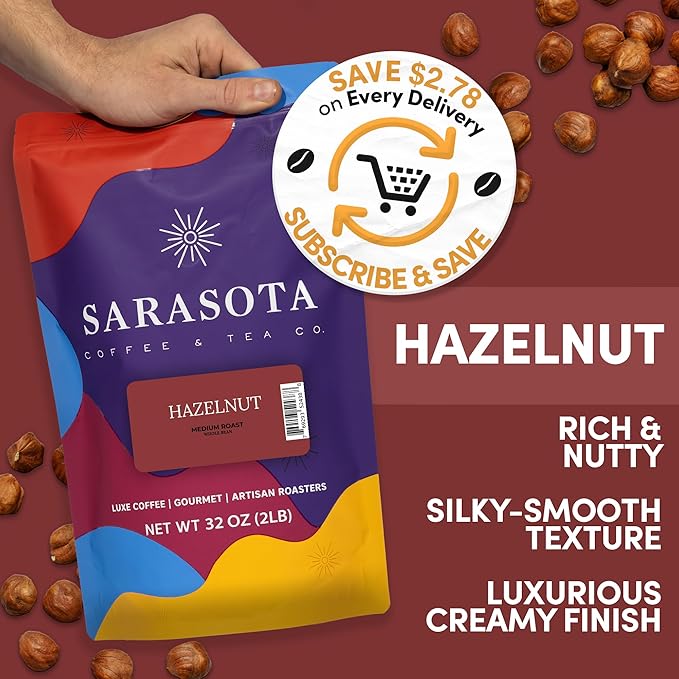 2 lb Hazelnut Whole Bean Coffee | Hazelnut Flavored Coffee Beans | Bulk Medium Roast Nutty Whole Bean | Specialty Grade | 32 oz