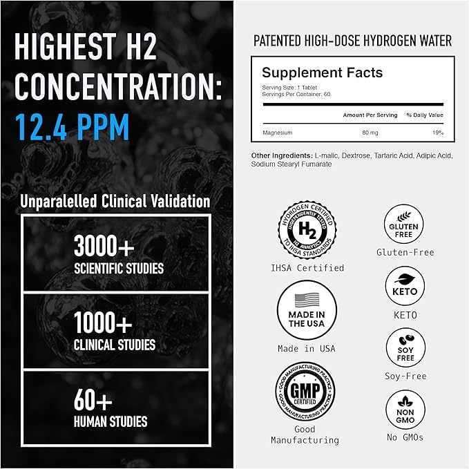 DRINK HRW Rejuvenation Molecular Hydrogen Water Tablets: 12 ppm H2 Patented USA Made IHSA-Certified Hydrogen &amp Magnesium Supplement. Supports Energy Recovery Cognitive Function (Unflavored 6