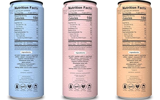 Pop &amp Bottle Oat Milk Lattes - Cold Brew Maca Antioxidants Ashwagandha MCT Oil Collagen Organic Diary Free Gluten Free Lightly Sweetened with Dates - Variety 8 Fl Oz (6 Pack)