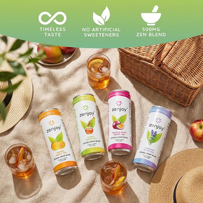 Zenjoy Stress Relief Drink Calming Black Tea Non Alcoholic Ashwagandha &amp Lemon Balm for Stress Relief L - Theanine for Focus (12 Pack) (Mango)