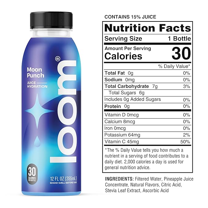 Moon Punch Juice Drinks by Loom Low Sugar Juice Real Fruit No Added Sugar Healthy Hydration 30 Calories 12 oz bottles 12 pack
