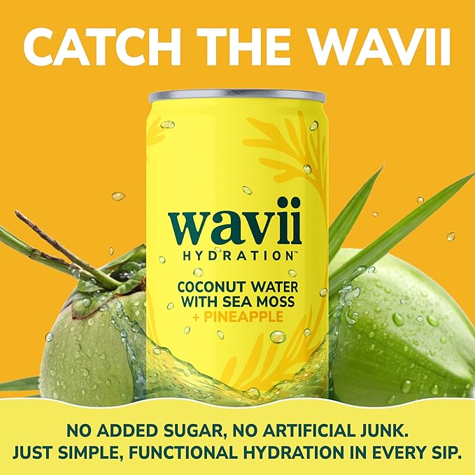 Wavii Hydration Organic Coconut Water with Organic Sea Moss plus Pineapple 11 fl oz Cans Pack of 12 – Clean Refreshing Hydration with Naturally Occurring Electrolytes No Added Sugar Non-GMO