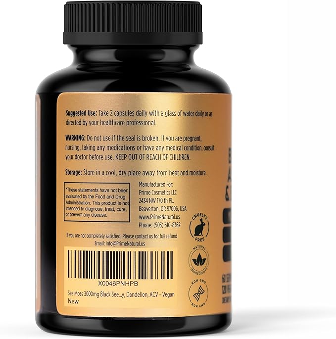 PRIME NATURAL Sea Moss 300mg Black Seed Oil 200mg Ashwagandha 100mg Turmeric Bladderwrack Burdock Manuka Honey Dandelion ACV - 120 Capsules | 60 Days Supply | Vegan