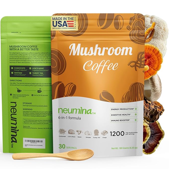 Neumina 6-in-1 Mushroom Coffee Energy Coffee with 6 Adaptogenic Mushrooms (Cordyceps Lion's Mane Reishi Chaga Shiitake Turkey Tail) 30 Servings 1200mg Mushrooms