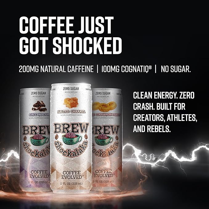 Brew Shockalaka Cafe Mocha Coffee RTD 12-Pack - Nootropic Enhanced Zero Sugar Natural Caffeine + CognatiQ Coffee Evolved (11 FL OZ) (Cafe Mocha)