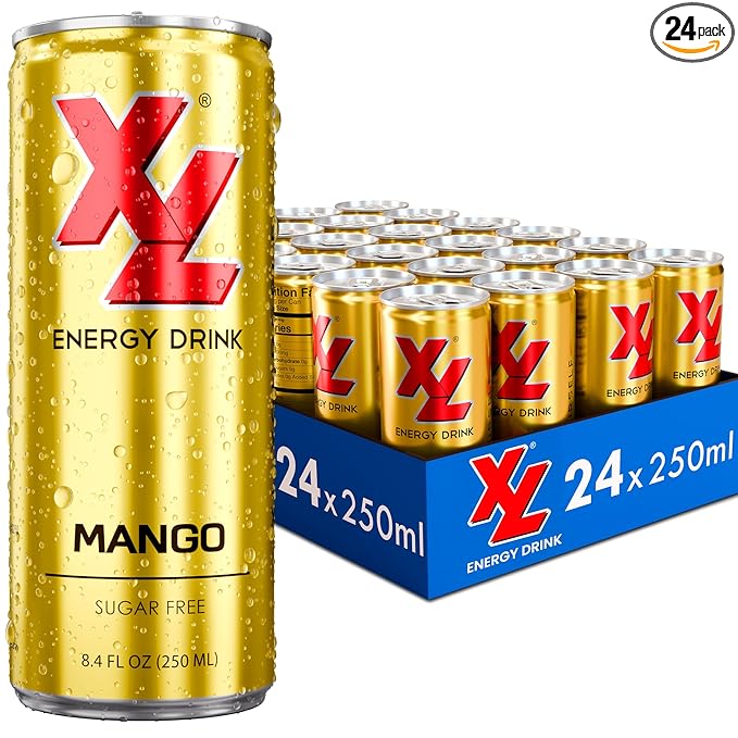 XL Energy Drinks Sugar Free Mango Energy Drink 24 pack with 80mg Caffeine and 100 mg Taurine with B Vitamins - Boost Focus and Energy with Zero Sugar Low Calorie Energy Drinks - 250 ml (8.4 Oz) Mango