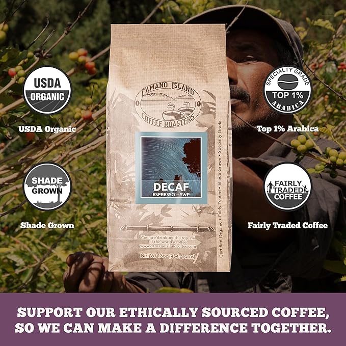 Camano Island Coffee Roasters Decaf Espresso Blend Ground 1lb Fresh Dark Roast Swiss Water Processed USDA Organic Fairly Traded Shade Grown Top 1% Arabica Sweet Molasses Mixed Berry Flavor