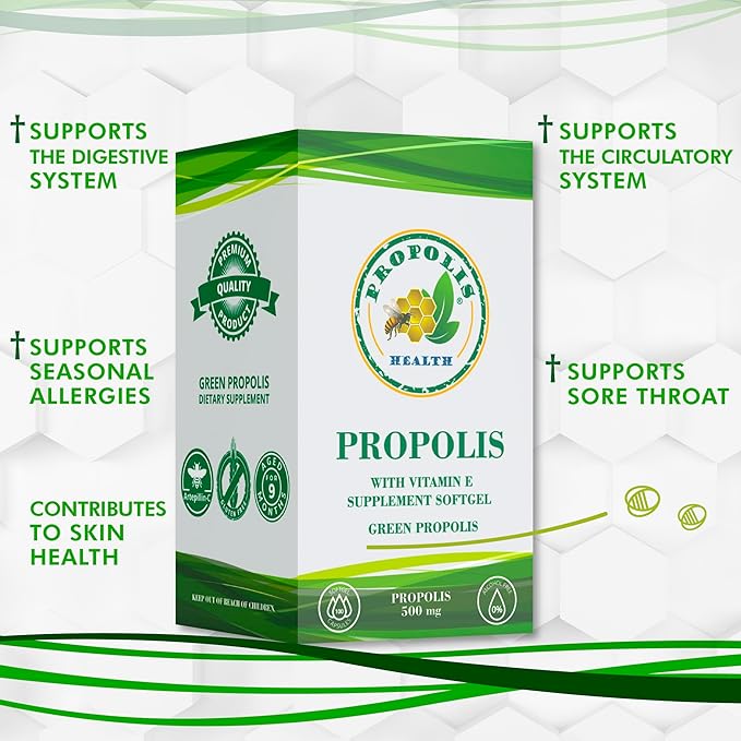 Propolis Health Propolis Capsules 1000mg-Daily with Vitamin E Per dose - Pure Brazilian Green Propolis Extract - Immune Booster 50 Days Supply -100 Capsules