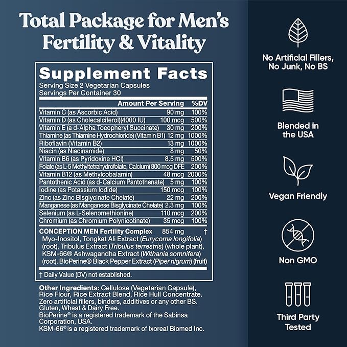 Eu Natural Conception for Him - Male Fertility Supplements with Ashwagandha Folate &amp Zinc - Sperm Count Motility &amp Strength Support - Fertility Support for Men 120 Vegetarian Capsules