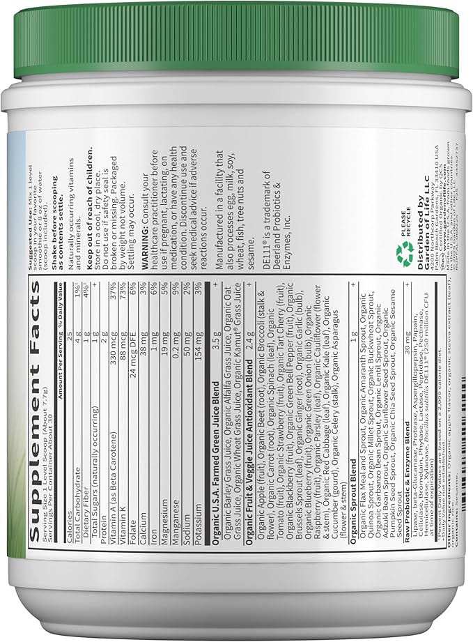 Garden of Life Raw Organic Perfect Food Green Superfood Juiced Greens Powder - Apple Flavor30 Servings - Vegan Gluten Free Whole Food Dietary SupplementGreens Plus Probiotics &amp Enzymes(Pack of