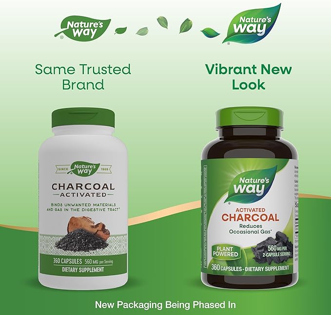 Nature's Way Activated Charcoal Binds Unwanted Materials and Gas in the Digestive Tract* 560 mg per 2-Capsule Serving 360 Capsules (Packaging May Vary)