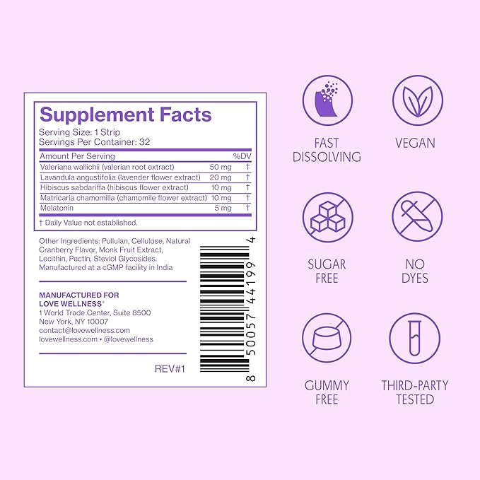 Love Wellness Sleep* Quick Melt Strips - Fast-Dissolving Sleep Support with Melatonin and Calming Botanicals - Promotes Restful Sleep* - No Water Needed - Vegan and Sugar-Free - 32 Strips