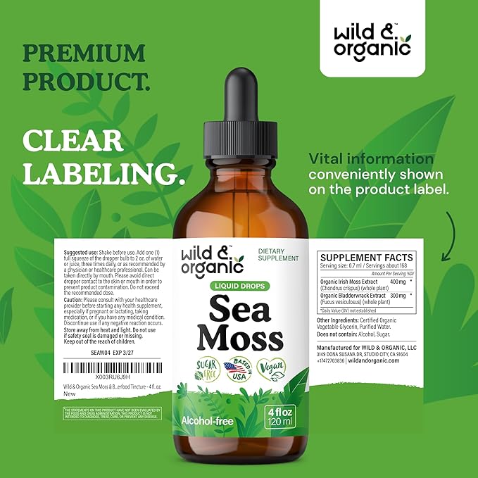 Wild &amp Organic Sea Moss Drops - Overall Support with Irish Seamoss and Bladderwrack - Multimineral Chondrus Crispus Tincture - Vegan Sugar &amp Alcohol-Free Liquid Supplement - 4 fl oz