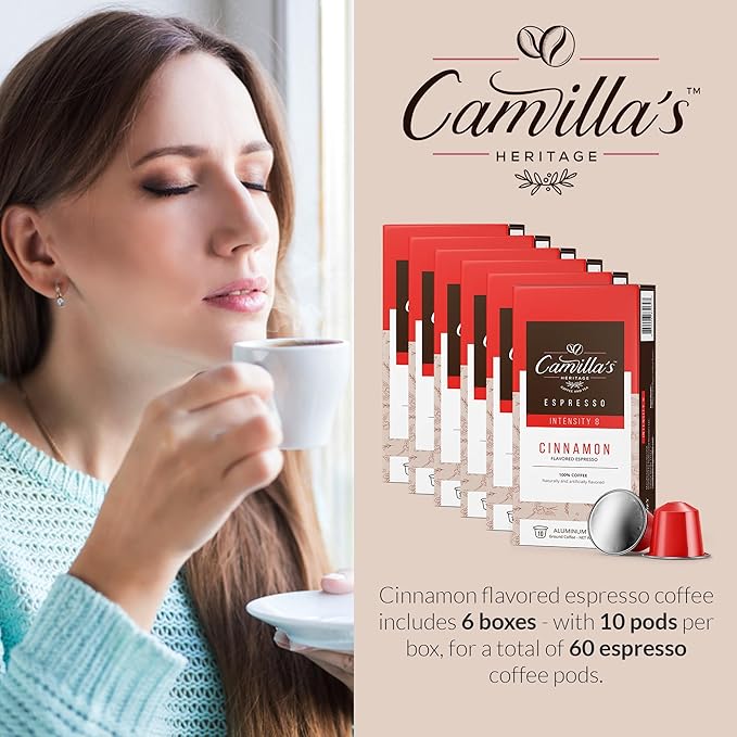 Camilla’s Heritage - Intensity 8 Cinnamon Flavored Espresso Coffee Gourmet Espresso Cups 60 Coffee Pods