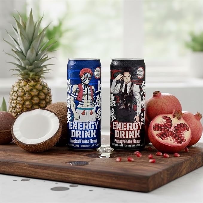 Demon Slayer Tropical Fruit &amp Pomegranate Energy Drink – 11.16 fl oz (330 ml) Cans – Collectible Anime Character Drink (6-Pack Variety)