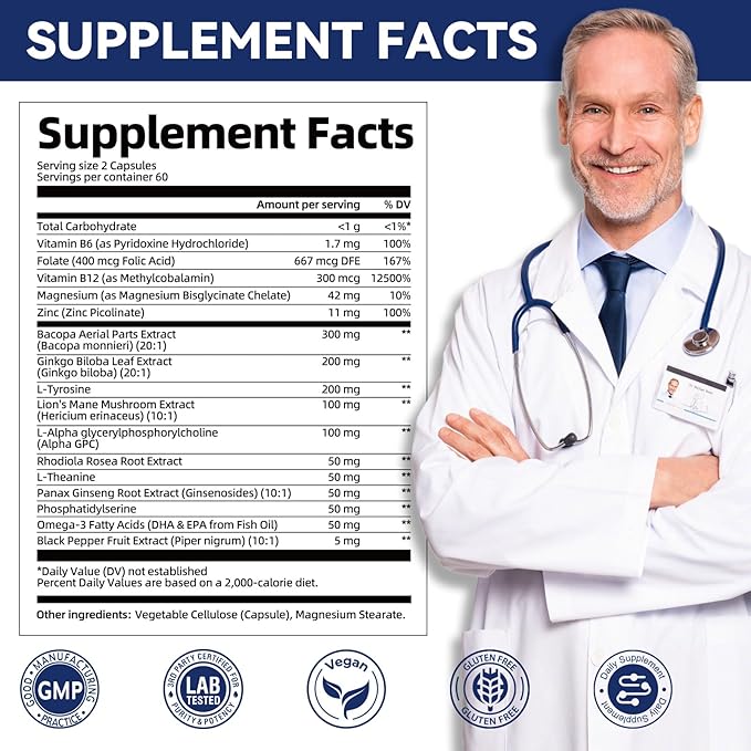 2-Pack Brain Supplements for Memory and Focus | Nootropic with Bacopa Monnieri Lion's Mane Alpha GPC Ginkgo Biloba | Mental Clarity &amp Cognitive Support | Vitamin B6 &amp B12 Neuro Health