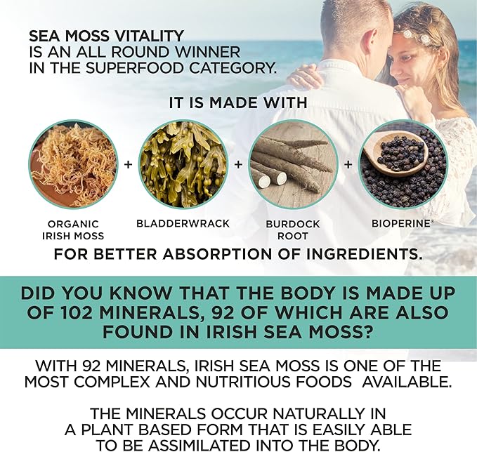 Organic Irish Sea Moss with Bladderwrack Burdock Root &amp Black Pepper Extract 150 Capsules Thyroid Support Natural Iodine Source Promotes Immune System Cell Food Alkaline Supplement
