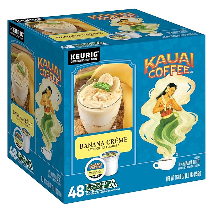 Kauai Coffee K-Cup Pods for Keurig Brewers – Arabica Coffee 10% Hawaiian – Medium Roast Banana Flavor with Creamy Vanilla – Banana Crème 1 Pack of 48 Single Serve K-Cups