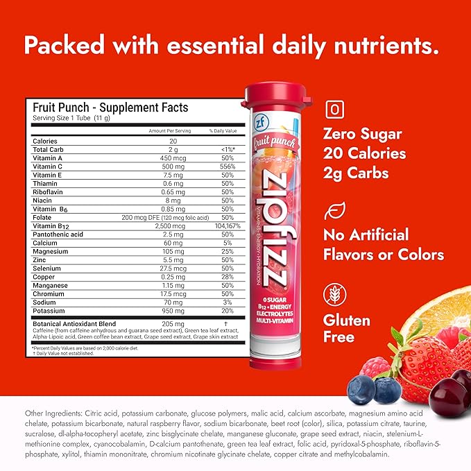 Zipfizz Daily Energy Drink Powder Fruit Punch 20 Pack 3-in-1 Sustained Energy Rapid Hydration and Essential Vitamins Sugar-Free Electrolyte Powder Contains Vitamin B-12 &amp Antioxidants