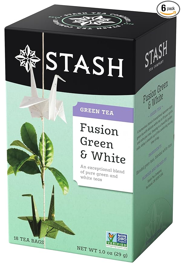 Stash Tea Green &amp White Fusion Green Tea - Caffeinated Non-GMO Project Verified Premium Tea with No Artificial Ingredients 18 Count (Pack of 6) - 108 Bags Total