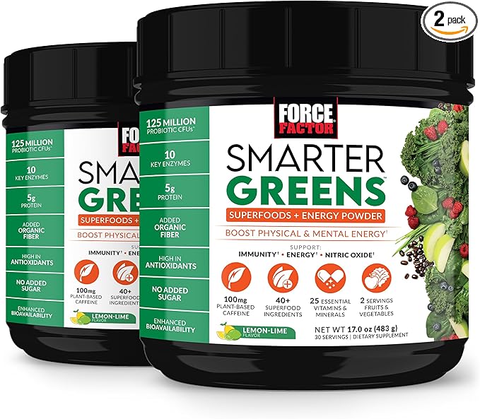 Smarter Greens Superfoods + Energy Powder 2-Pack Greens Powder with Plant-Based Caffeine Probiotics Digestive Enzymes Superfood Powder Boost Energy Support Immunity Force Factor 60 Servings