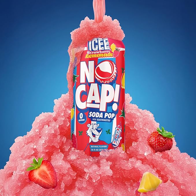 NO CAP! Next Gen Soda Pop Strawberry Lemonade with Electrolytes for Hydration Zero Sugar Zero Calories Caffeine-Free Soda Vegan &amp Gluten-Free 16 oz Cans (12-Pack)