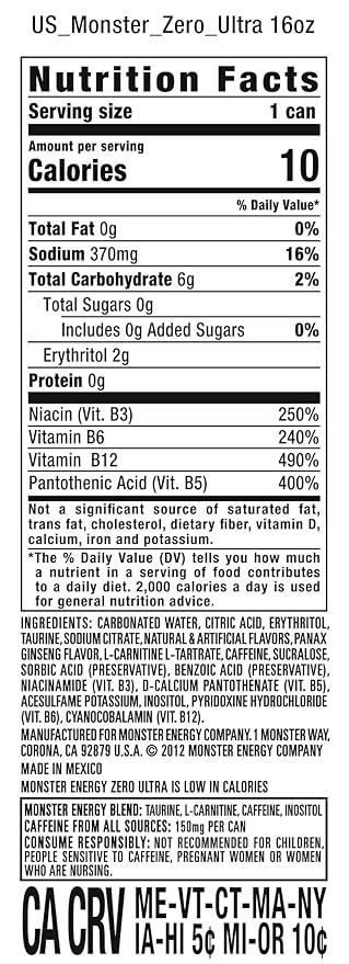 Monster Energy Zero Ultra Sugar Free Energy Drink 16 Ounce | Pack of 12