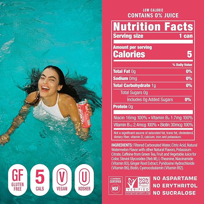 GORGIE Sugar Free Natural Energy Drinks Sparkling Watermelon Crush (12 Pack) - Healthy Energy Drink - Natural Coffee Replacement with Green Tea Caffeine and Biotin 150mg Caffeine Vegan Low Calorie